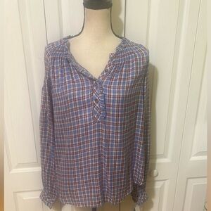 Democracy Blue and Red Plaid V-Neck Long Sleeve Blouse
